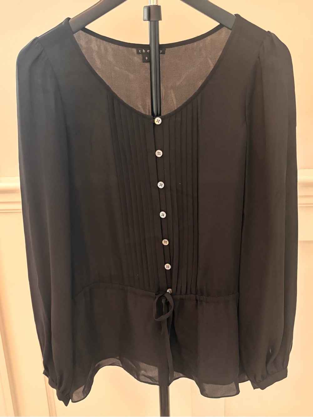 Theory Black 100% Silk Pintuck Button Front Long Sleeve Blouse Size S